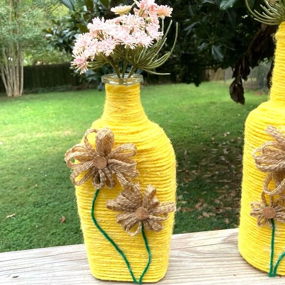 Bud Vases Recycled Glass Flower Yarn Wrapped Yellow Brown Green Set of 2 - Picture 10 of 14